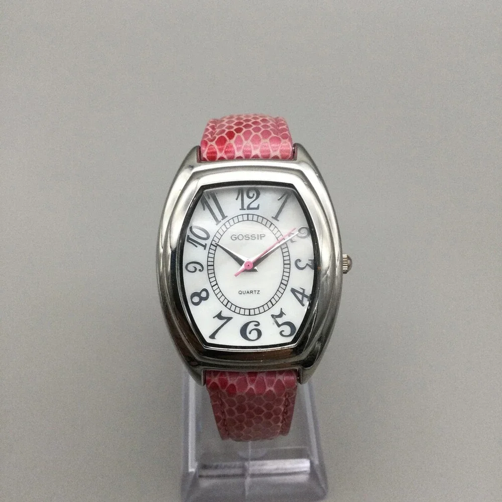 Gossip Womens Watch 31mm Silver Tone White Dial Pink Leather Tonneau New Battery